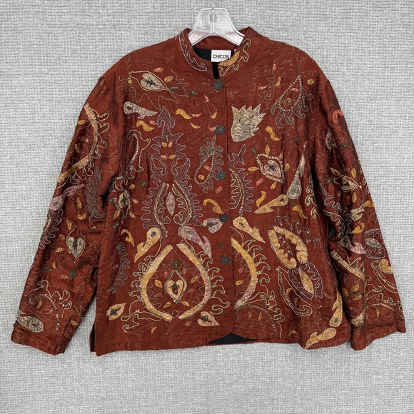 Chico's Jackets & Blazers - Chico's Jacket Womens M (1) Brown Embroidered Sequin Collared Lined Silk Paisley